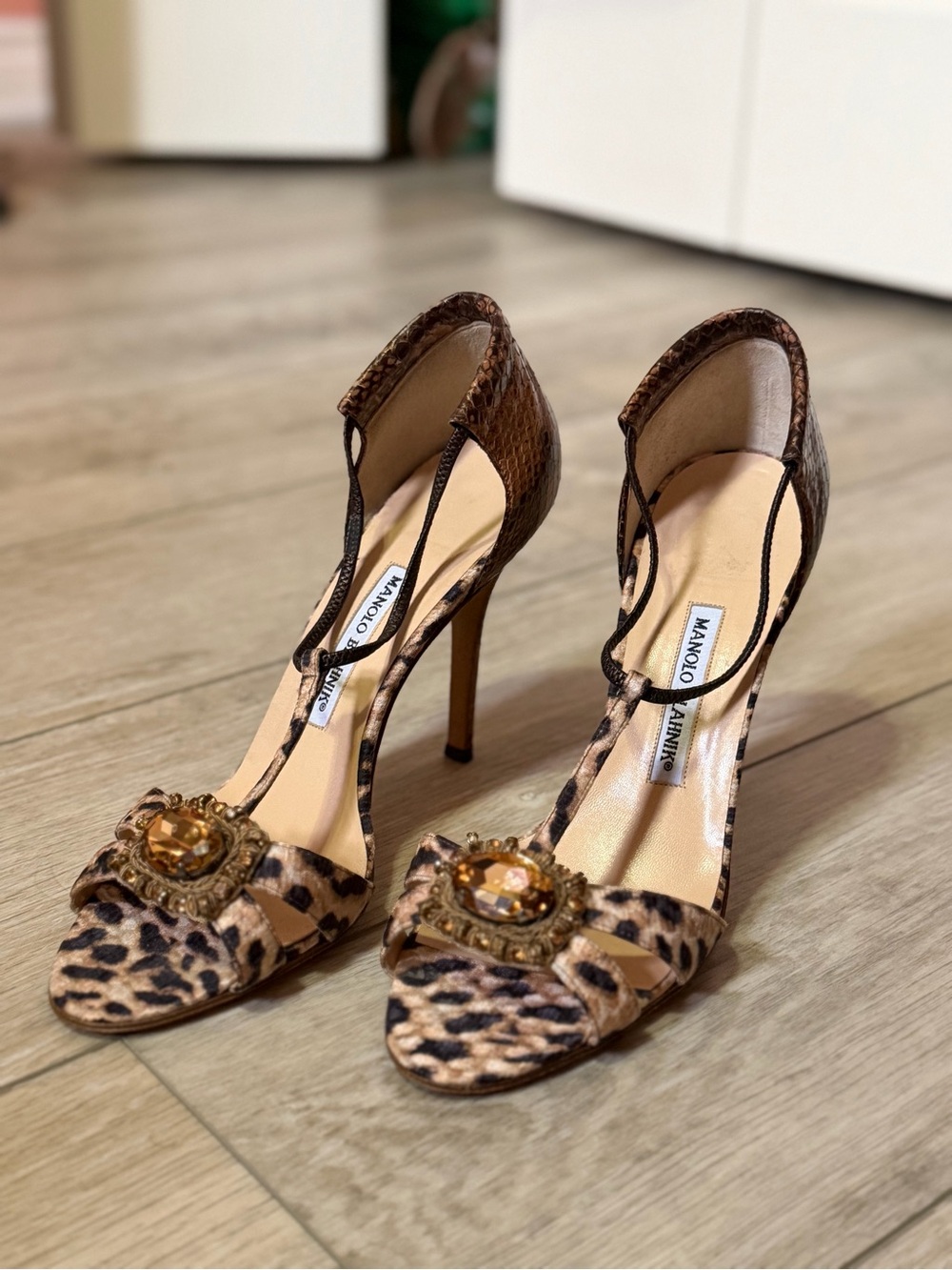 Manolo Blahnik Leopard Print T-Strap Heels with Crystal Buckle - Brown
